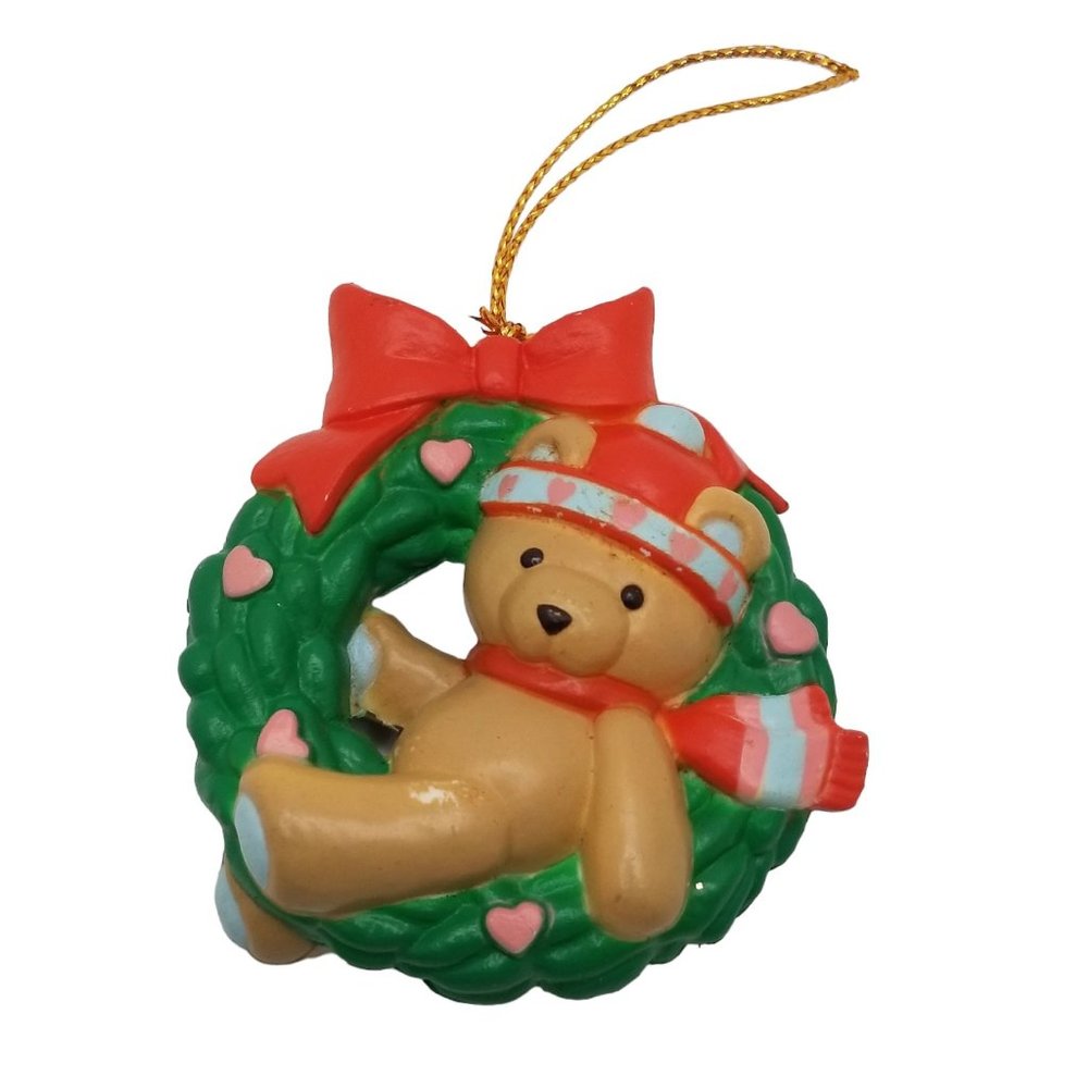 Vintage Christmas Ornament Teddy Hugglesbie Teddy Bear On Wreath Gibson Holiday